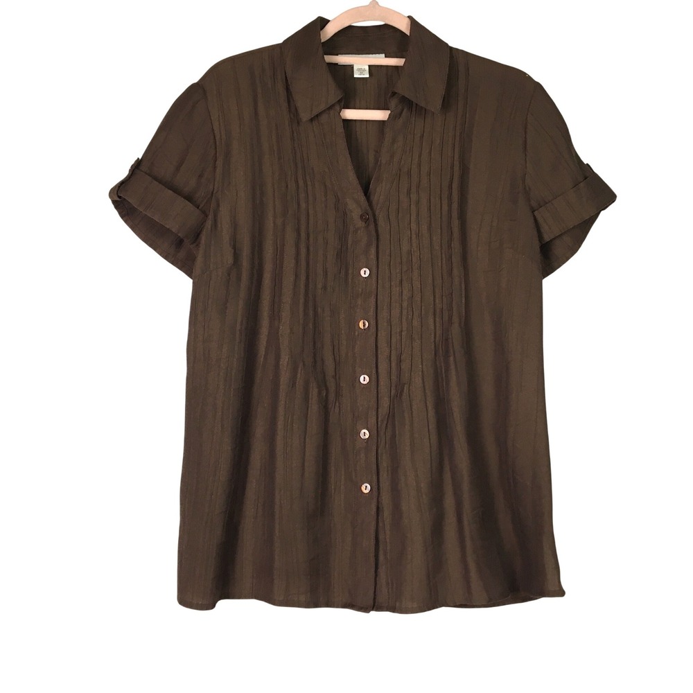 Coldwater Creek Pintuck Short Sleeve Button Up Shirt M Brown - Picture 1 of 6